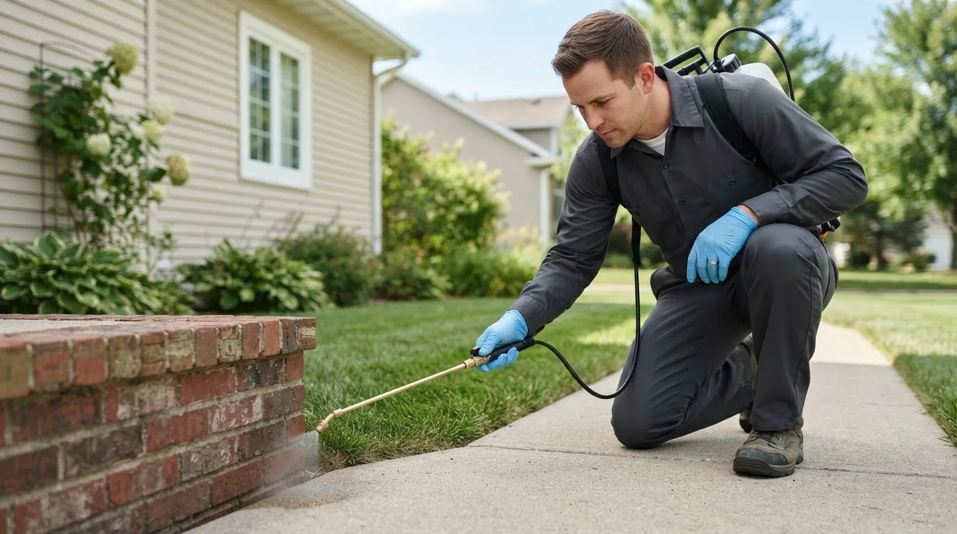 Pest control technician treating a home near Potsdam, NY